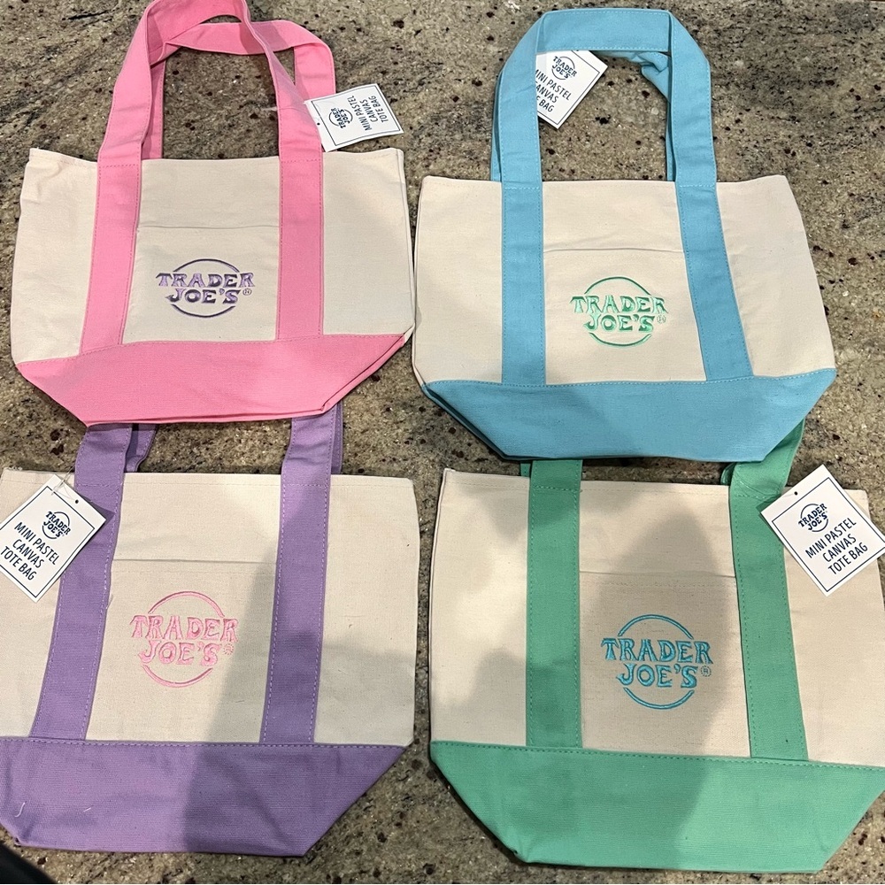 4 Trader Joe's Mini Canvas Tote - Pastel Pink, Blue, Purple, Green